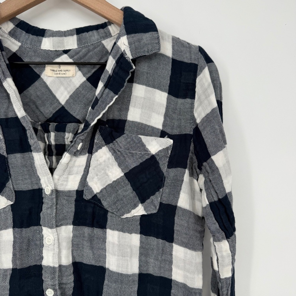 Thread & Supply Plaid Flannel Shirt Button Down Long Sleeve Navy Ivory M - Picture 4 of 8